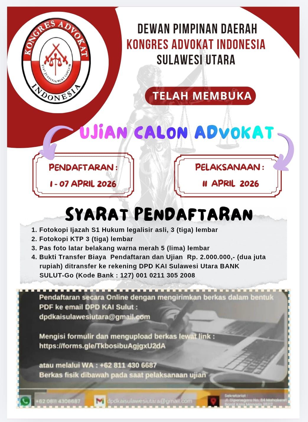 “Kesempatan Menjadi Advokat! DPD KAI Sulawesi Utara Buka Pendaftaran Ujian Calon Advokat 2026”